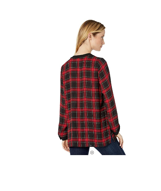 Vince Camuto Long Sleeve Elegant Tartan Henley Tunic Rich Black SMALL $89