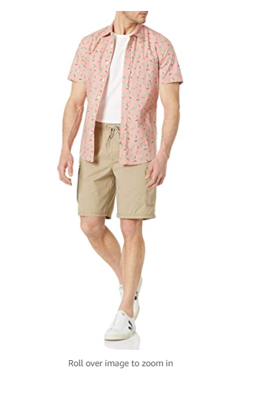 Amazon Essentials Men's Slim-fit Short-Sleeve Print Shirt Pink, Fruit Small