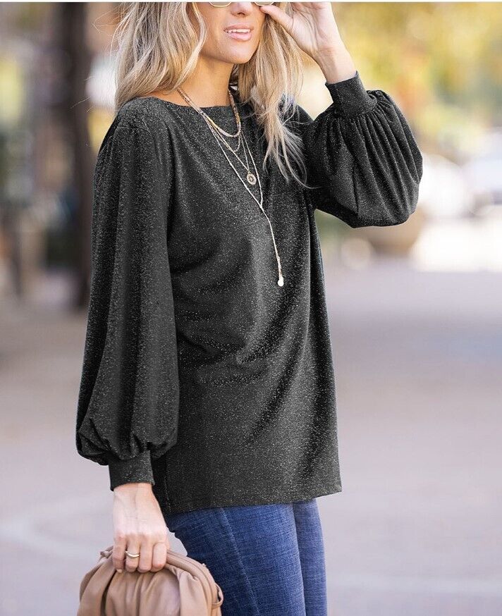 Amaryllis | Shimmer Black Bishop-Sleeve Boatneck Top - Women Small