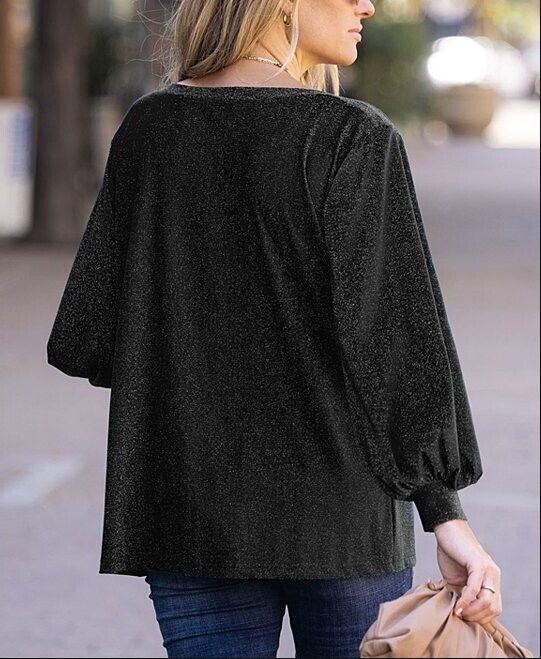 Amaryllis | Shimmer Black Bishop-Sleeve Boatneck Top - Women Small