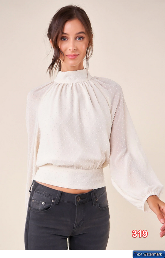 Sugarlips Milano Swiss Dot Mock Neck Crop Blouse Cream Small & Large