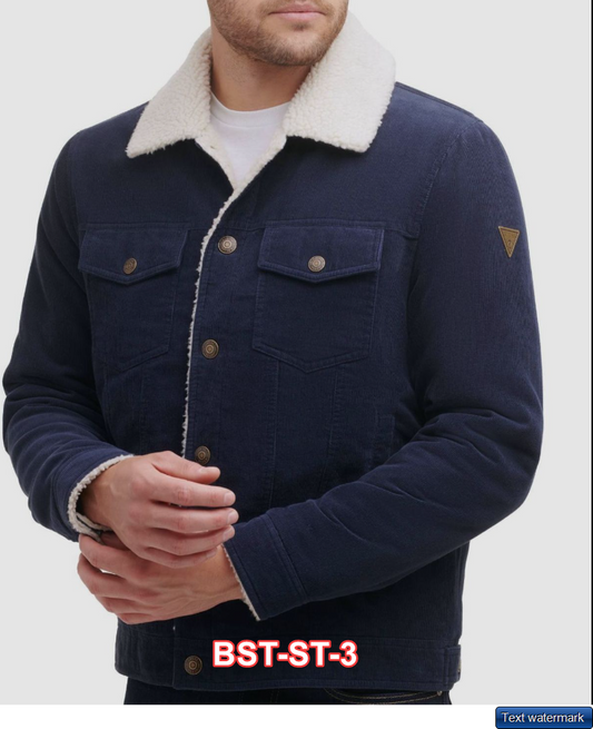 $195 Guess Mens Blue Corduroy Sherpa Lined Full Zip Bomber Coat Jacket Size XL