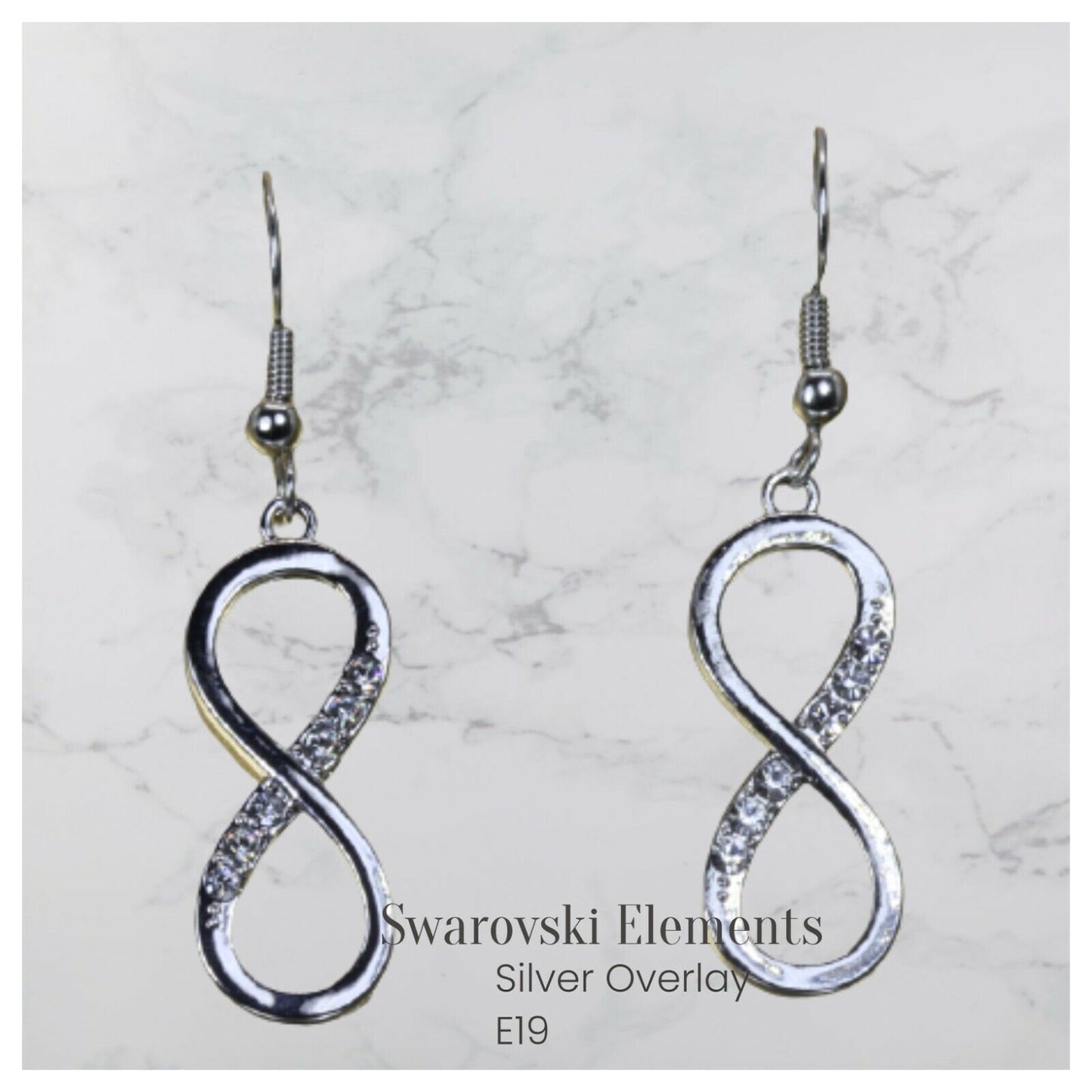 Swarovski Elements Silver Overlay Infiniti Earrings ~50mm Hanging Front side~E18