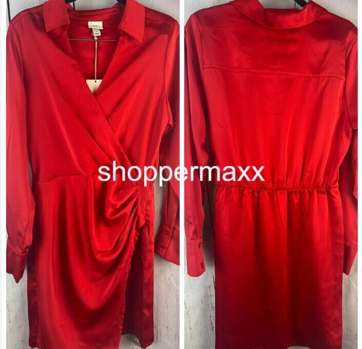Women's Long Sleeve Satin Shirtdress - A New Day, Red, Size Small