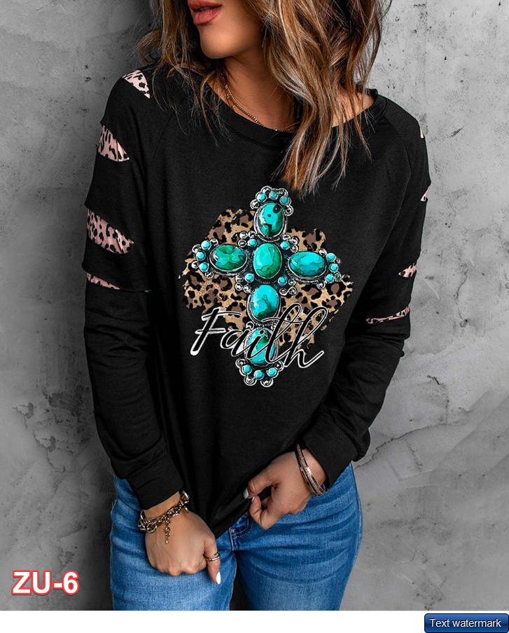 Zesica | Black & Turquoise Leopard Cross 'Faith' Sweatshirt - Women Small
