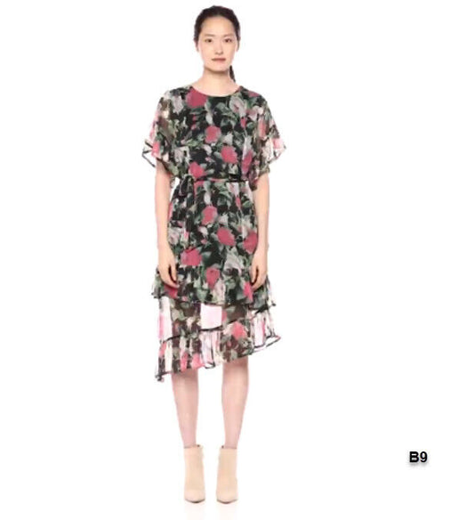 VERO MODA Women's Lili Chiffon Floral Midi Dress, Black, Medium ~B9~