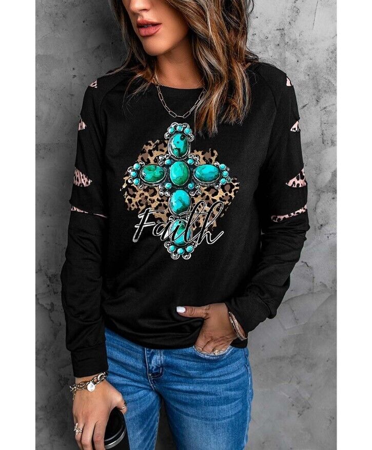 Zesica | Black & Turquoise Leopard Cross 'Faith' Sweatshirt - Women Small