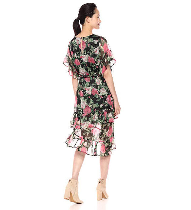 VERO MODA Women's Lili Chiffon Floral Midi Dress, Black, Medium ~B9~