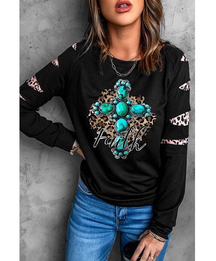 Zesica | Black & Turquoise Leopard Cross 'Faith' Sweatshirt - Women Small