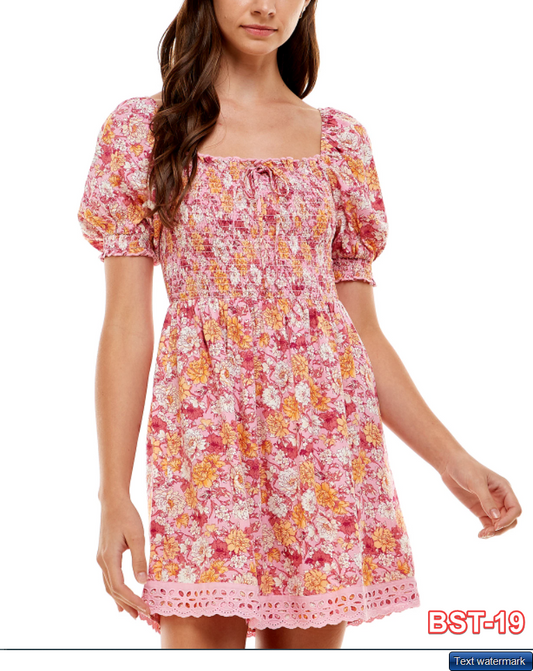 City Studios Juniors' Smocked Lace-Trim Dress Pink Gold Small