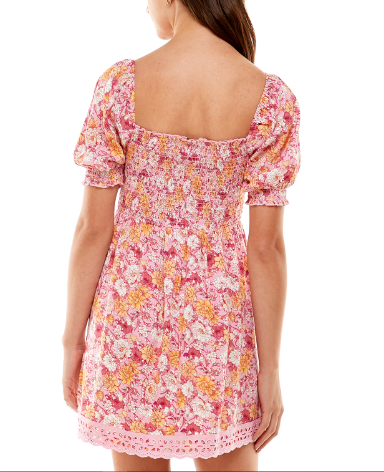 City Studios Juniors' Smocked Lace-Trim Dress Pink Gold Small