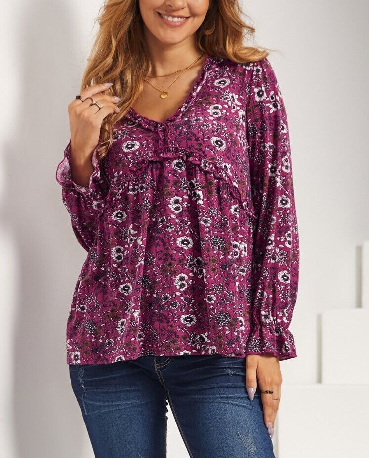 Suzanne Betro Weekend Ruffle-Trim V-Neck Empire-Waist Top - Women XL $77