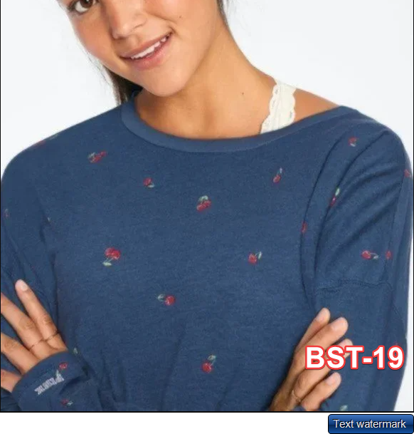 🍒Victorias Secret PINK Round Neck Semi Crop Top Long Sleeve Blue Cherry Large