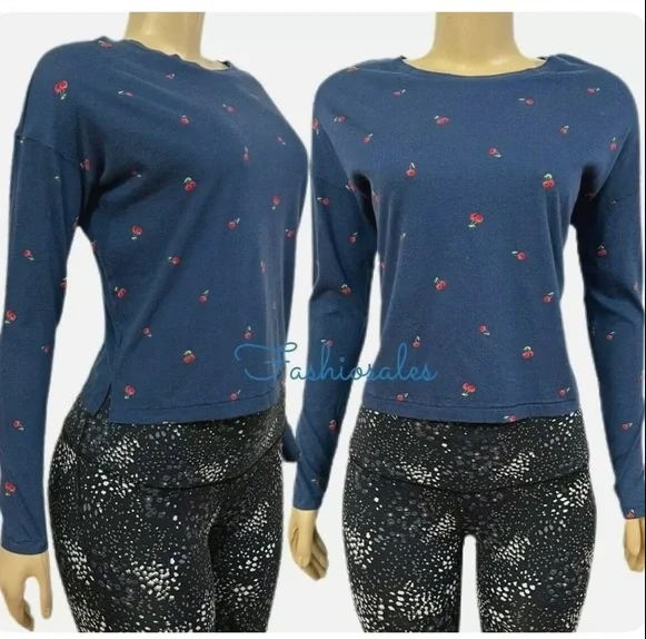 🍒Victorias Secret PINK Round Neck Semi Crop Top Long Sleeve Blue Cherry Large