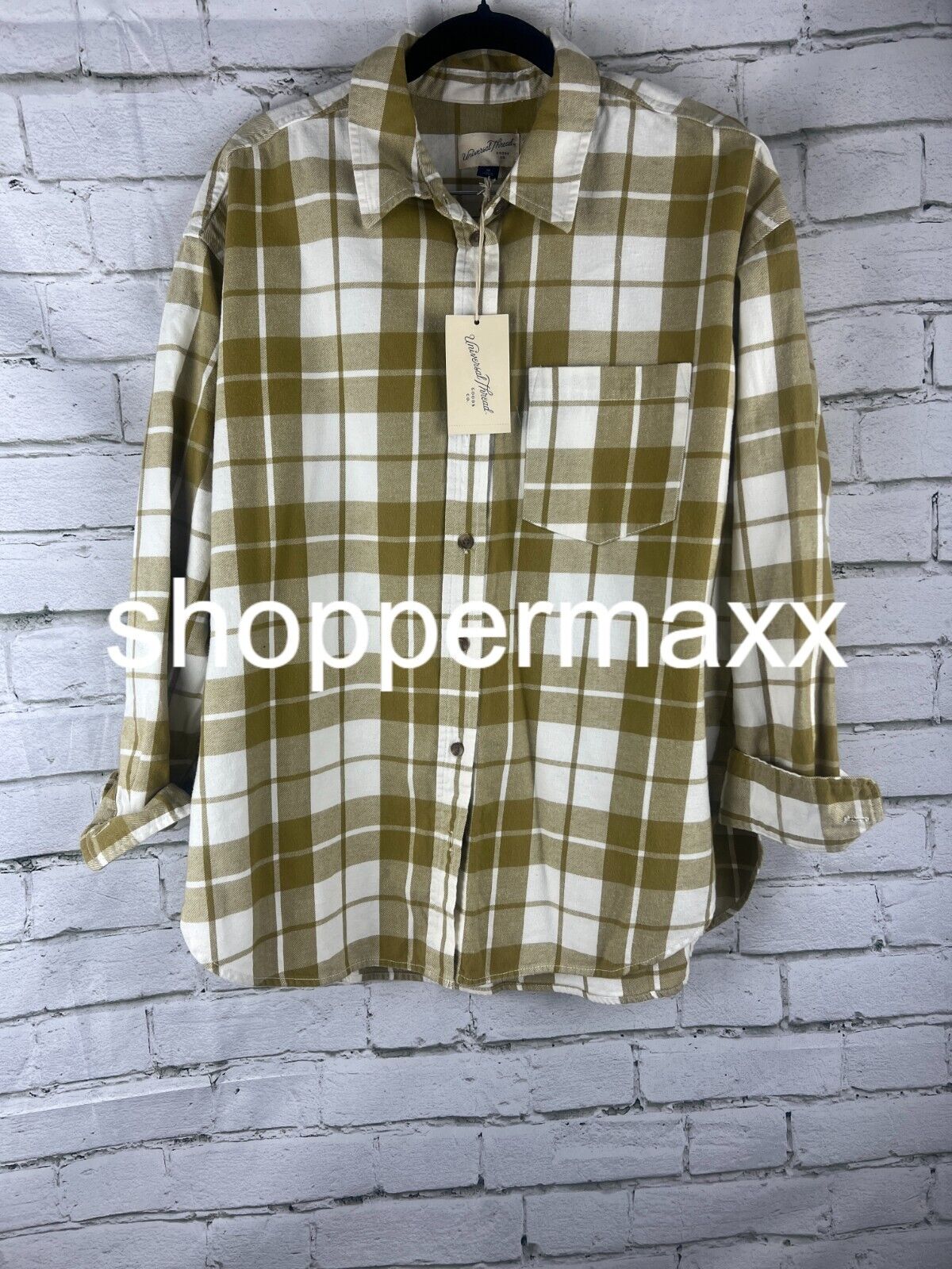 Women's Long Sleeve Flannel Button-Down Shirt - Universal Thread Mustard/White,M
