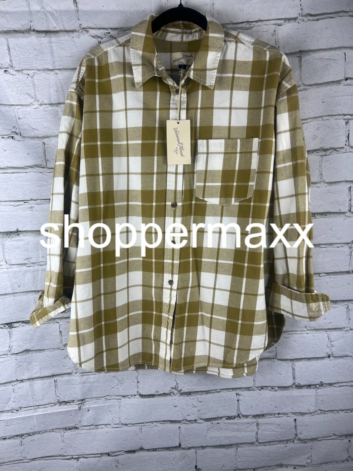 Women's Long Sleeve Flannel Button-Down Shirt - Universal Thread Mustard/White,M