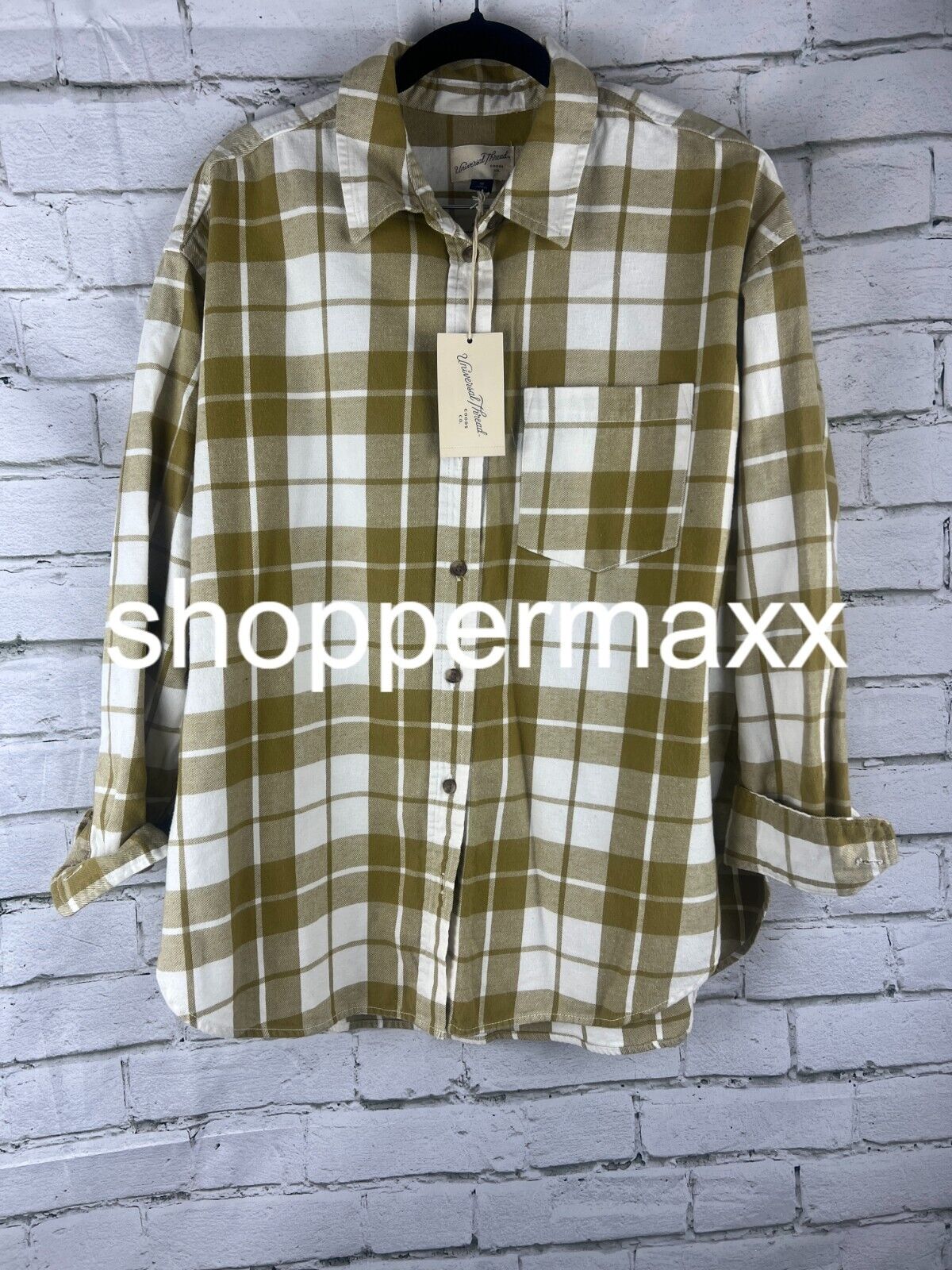 Women's Long Sleeve Flannel Button-Down Shirt - Universal Thread Mustard/White,M