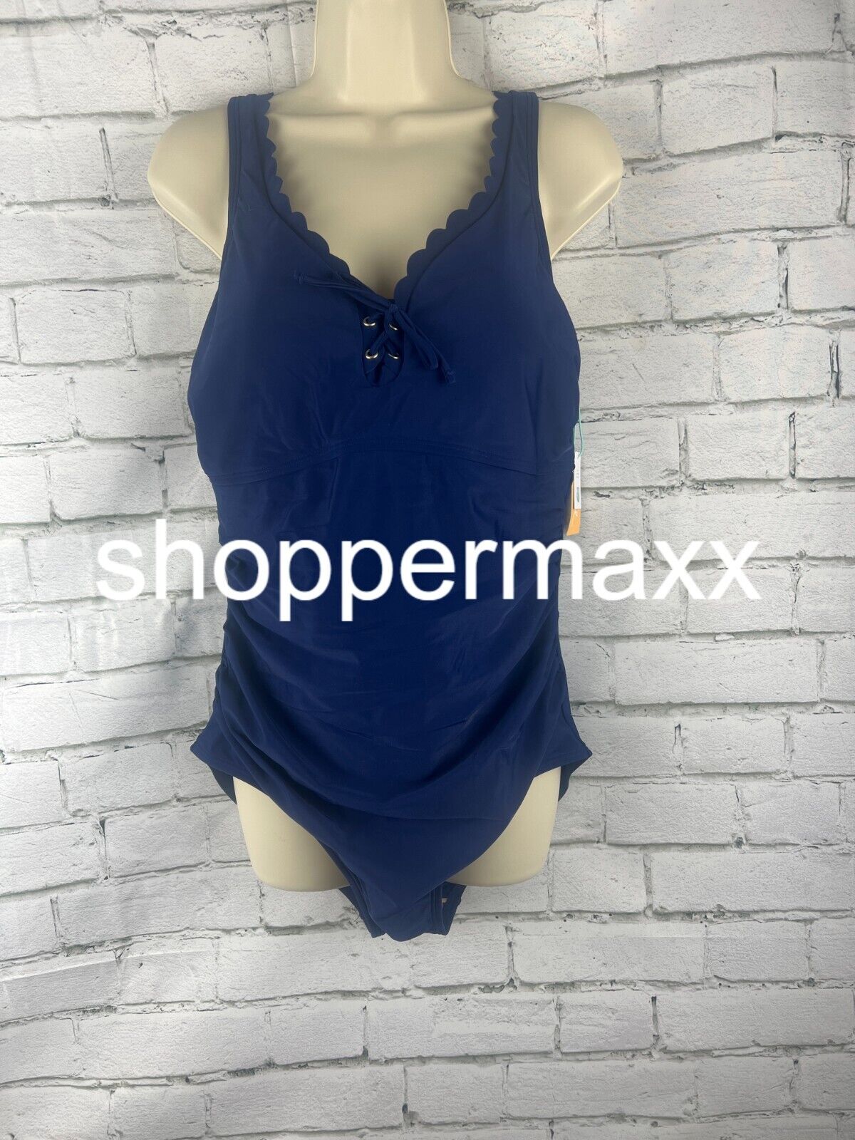 Women's Grommet Scallop Full Coverage One Piece Swimsuit - Kona Sol, NAVY, XL
