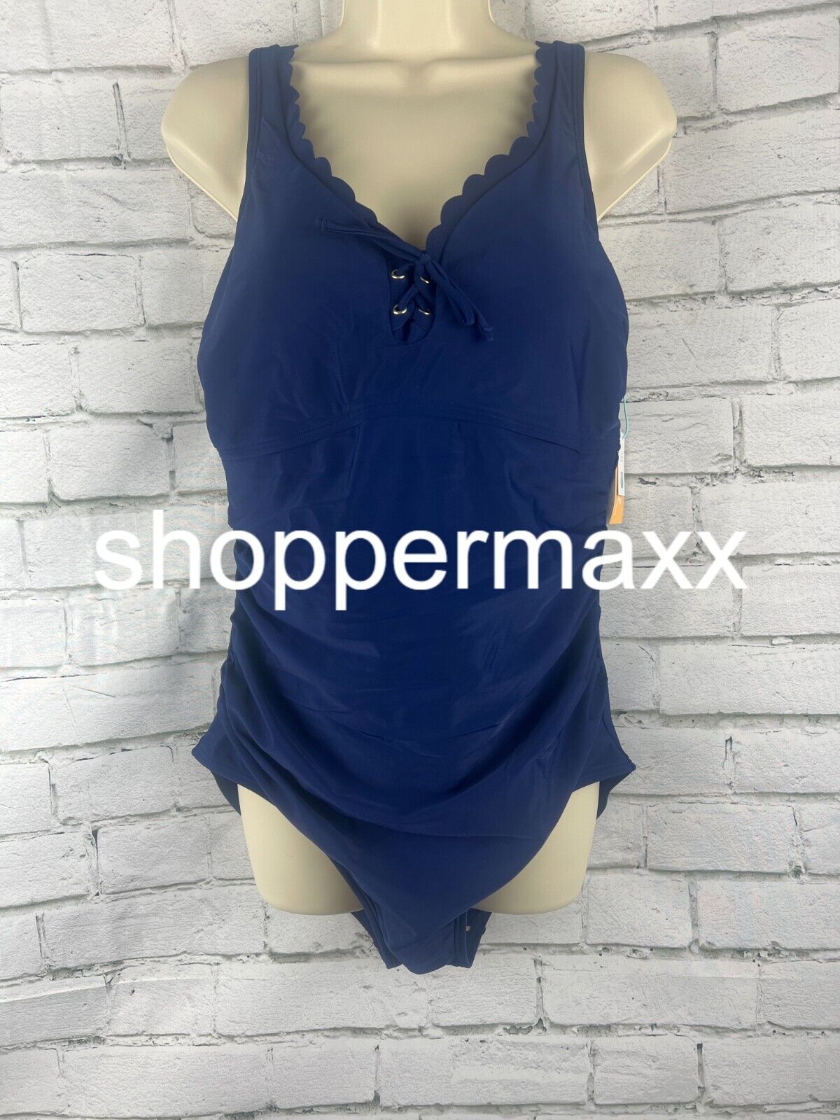 Women's Grommet Scallop Full Coverage One Piece Swimsuit - Kona Sol, NAVY, XL