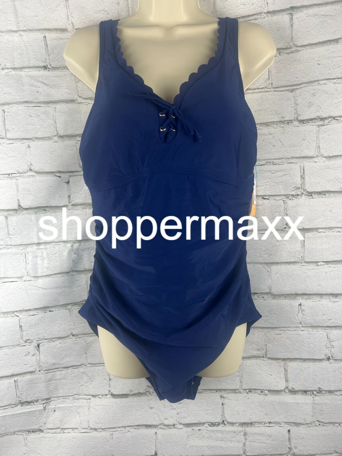 Women's Grommet Scallop Full Coverage One Piece Swimsuit - Kona Sol, NAVY, XL