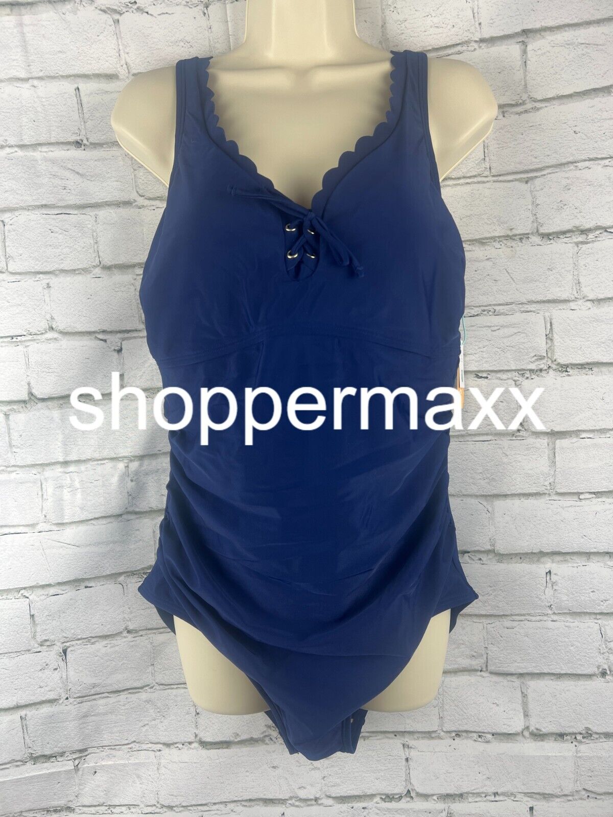 Women's Grommet Scallop Full Coverage One Piece Swimsuit - Kona Sol, NAVY, XL