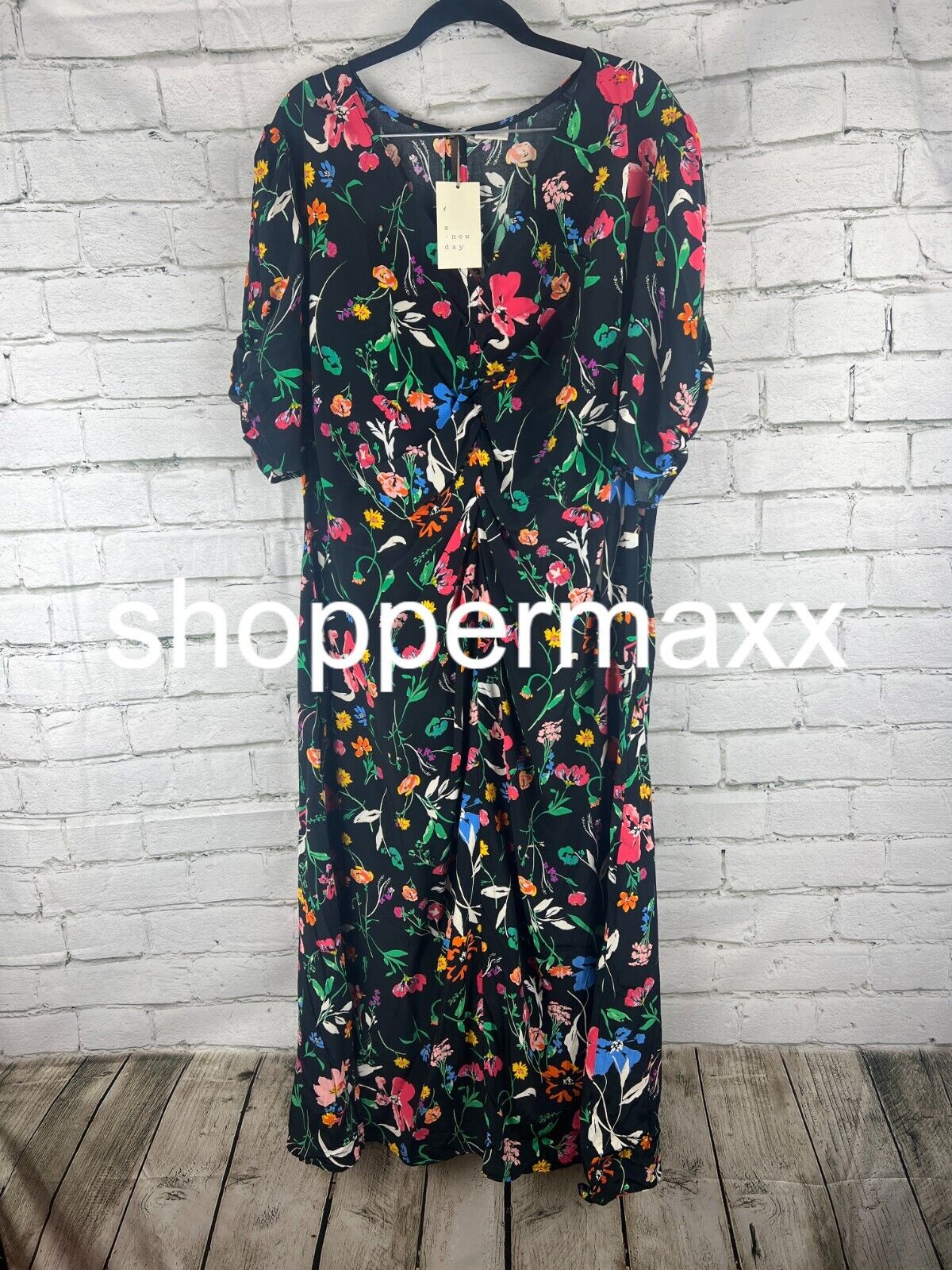 Women's Puff Short Sleeve Ruched A-Line Dress - A New Day, Black Floral, XXL