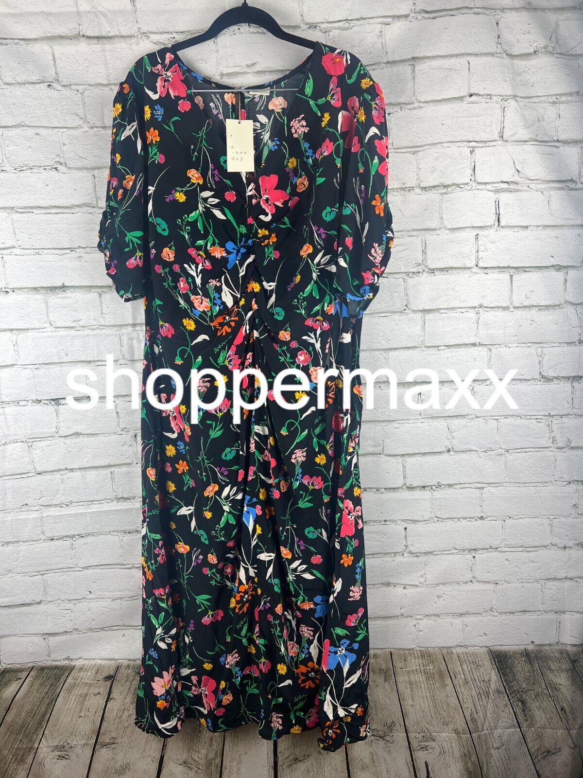 Women's Puff Short Sleeve Ruched A-Line Dress - A New Day, Black Floral, XXL