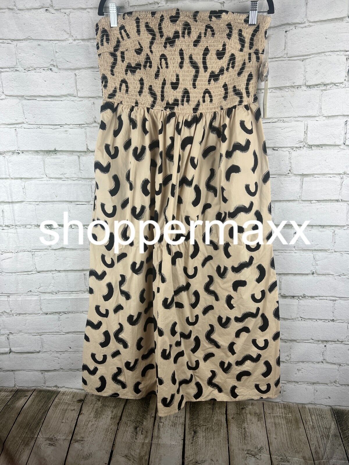 Women's Strapless Smocked Tube Sundress - A New Day, Tan/Black Squiggle Print, M