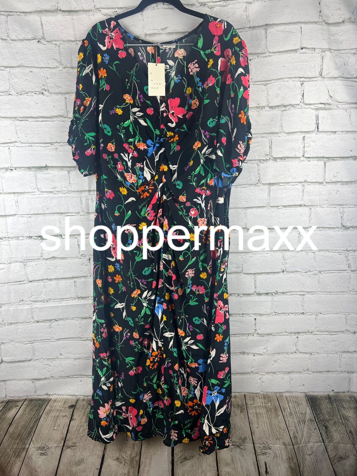 Women's Puff Short Sleeve Ruched A-Line Dress - A New Day, Black Floral, XXL