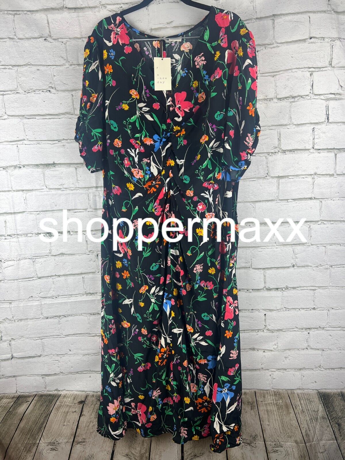 Women's Puff Short Sleeve Ruched A-Line Dress - A New Day, Black Floral, XXL