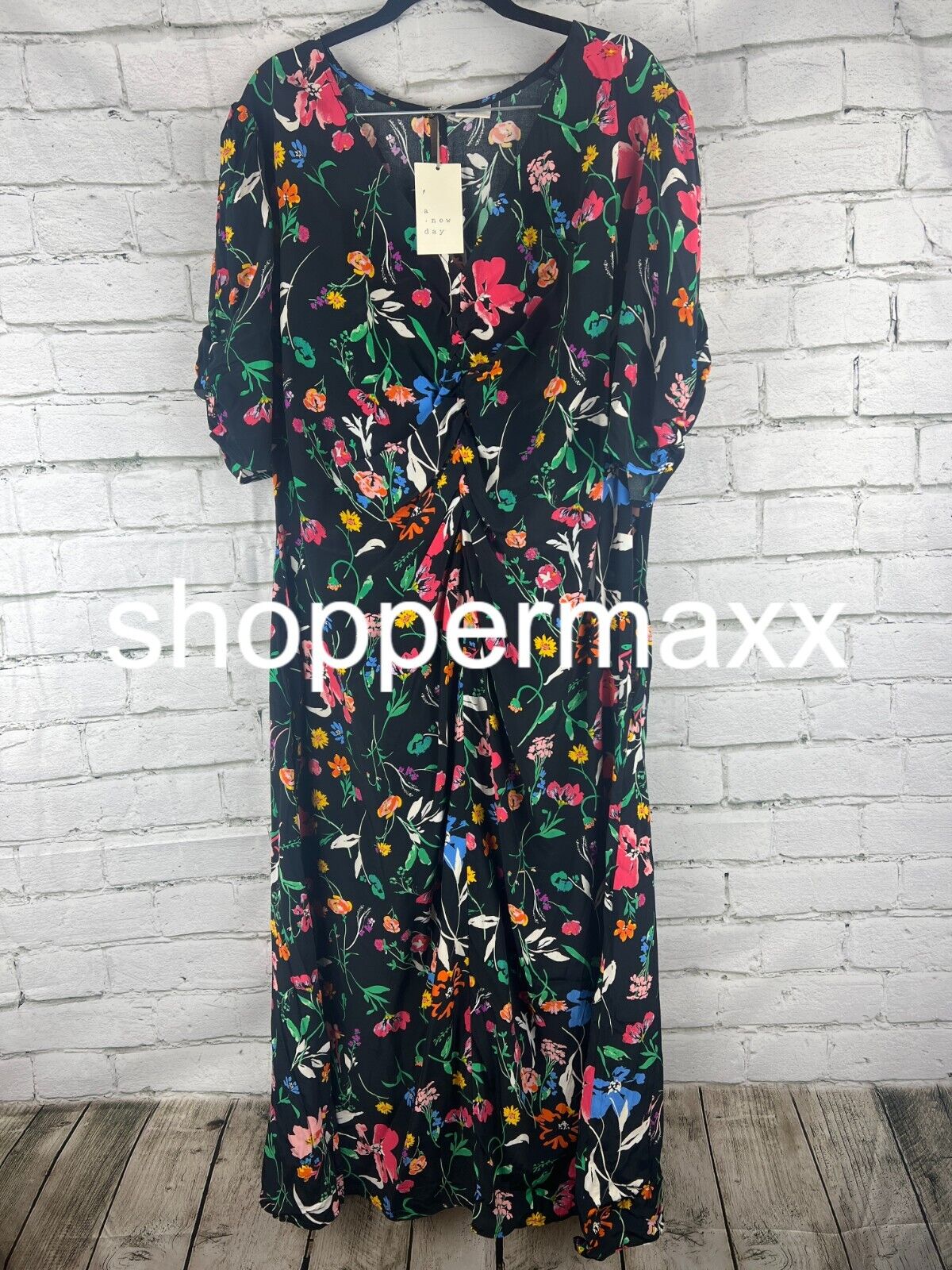 Women's Puff Short Sleeve Ruched A-Line Dress - A New Day, Black Floral, XXL