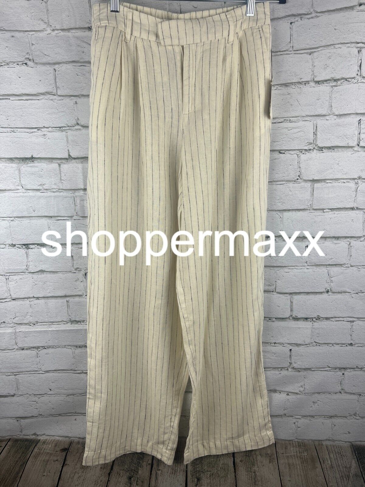 Women's High-Rise Linen Wide Leg Pants - A New Day, Cream/Black, Pin Striped, 8