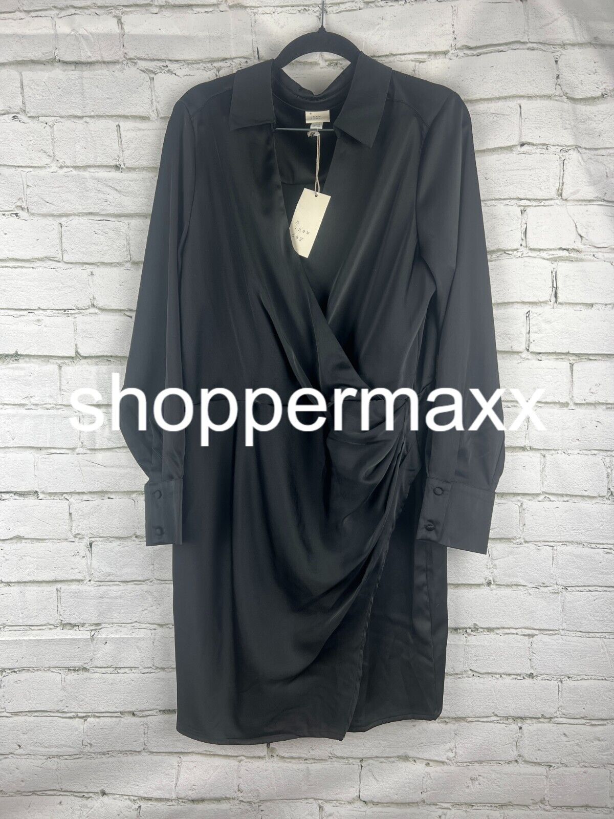 Women's Long Sleeve Satin Shirtdress - A New Day, Black, L