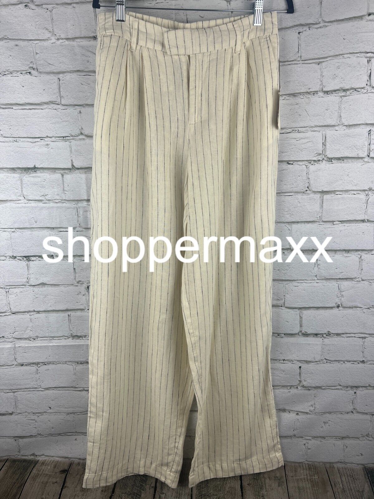 Women's High-Rise Linen Wide Leg Pants - A New Day, Cream/Black, Pin Striped, 8