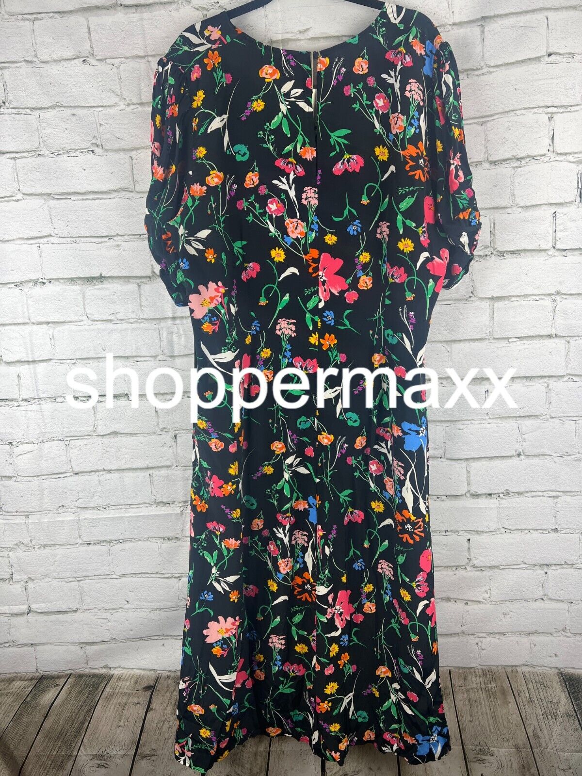 Women's Puff Short Sleeve Ruched A-Line Dress - A New Day, Black Floral, XXL
