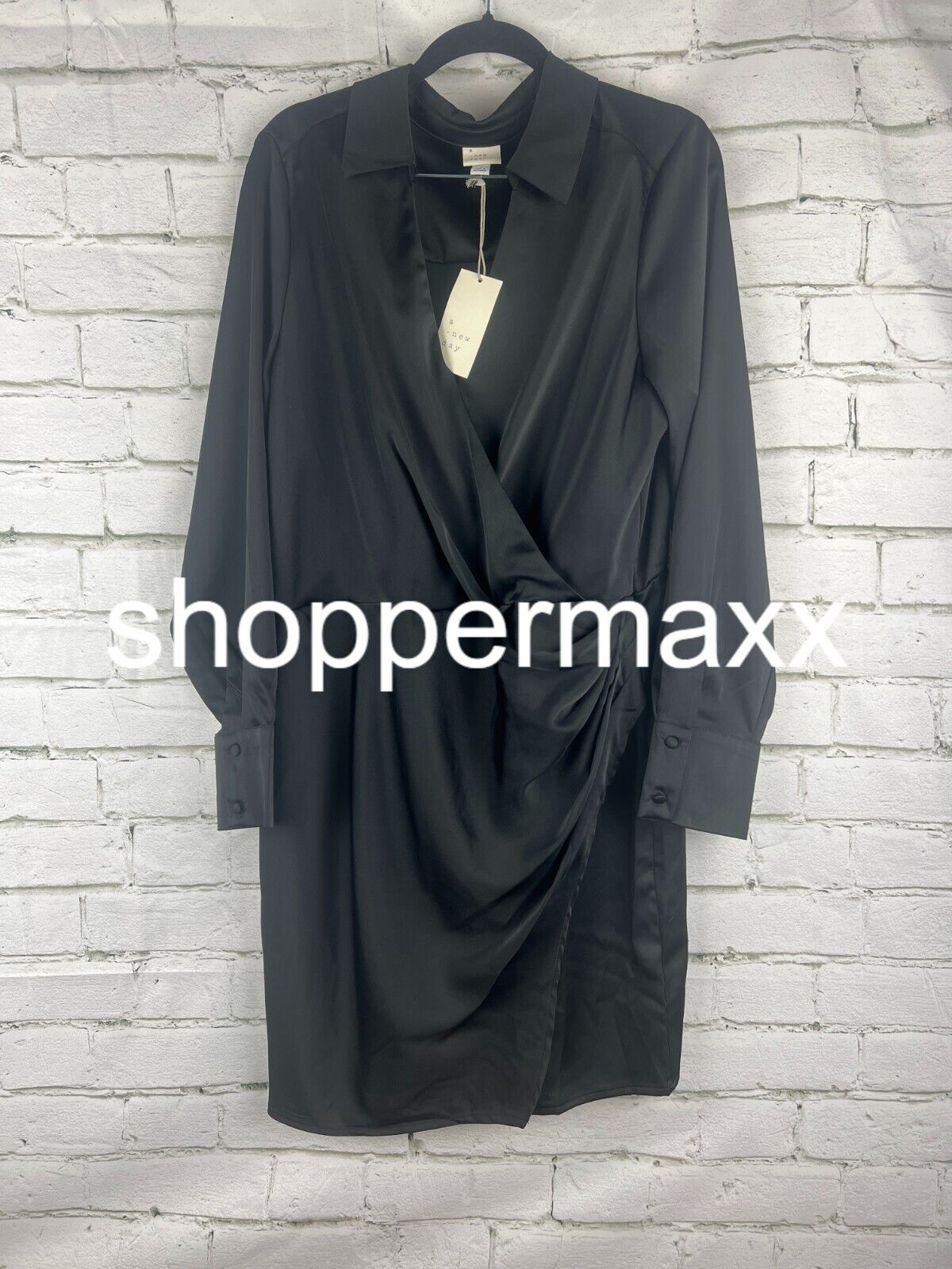 Women's Long Sleeve Satin Shirtdress - A New Day, Black, L