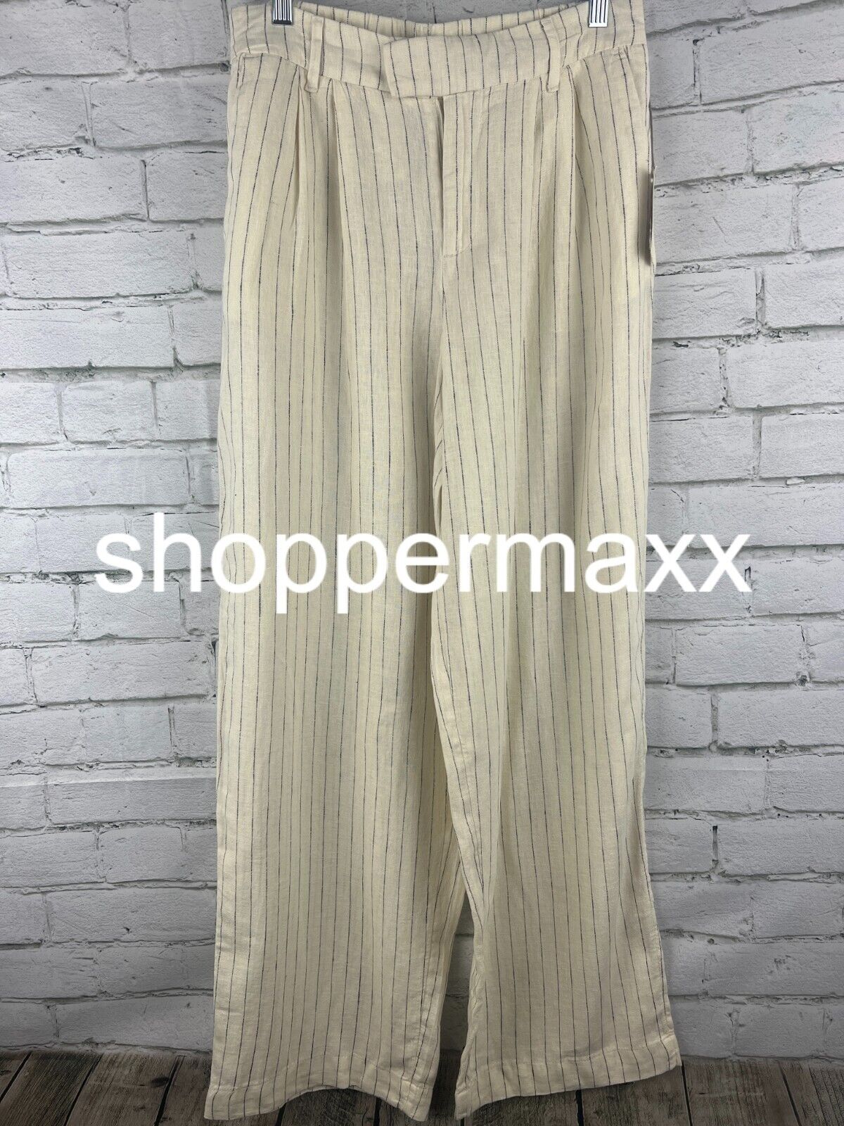 Women's High-Rise Linen Wide Leg Pants - A New Day, Cream/Black, Pin Striped, 8