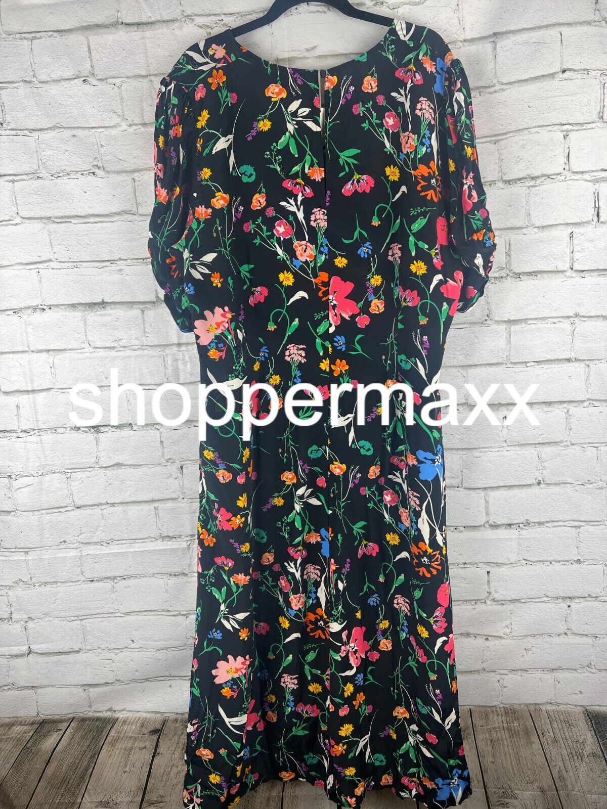 Women's Puff Short Sleeve Ruched A-Line Dress - A New Day, Black Floral, XXL