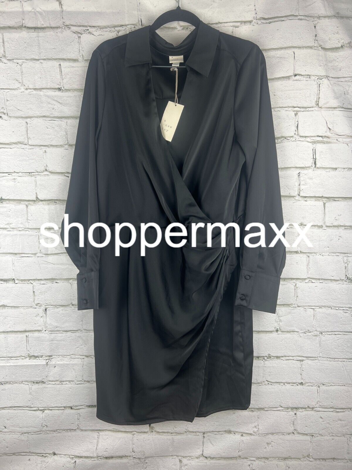 Women's Long Sleeve Satin Shirtdress - A New Day, Black, L