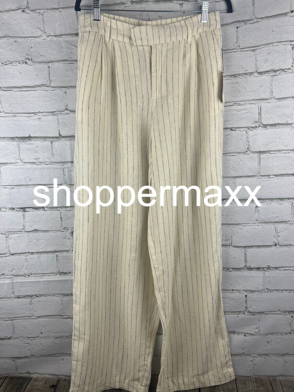 Women's High-Rise Linen Wide Leg Pants - A New Day, Cream/Black, Pin Striped, 8