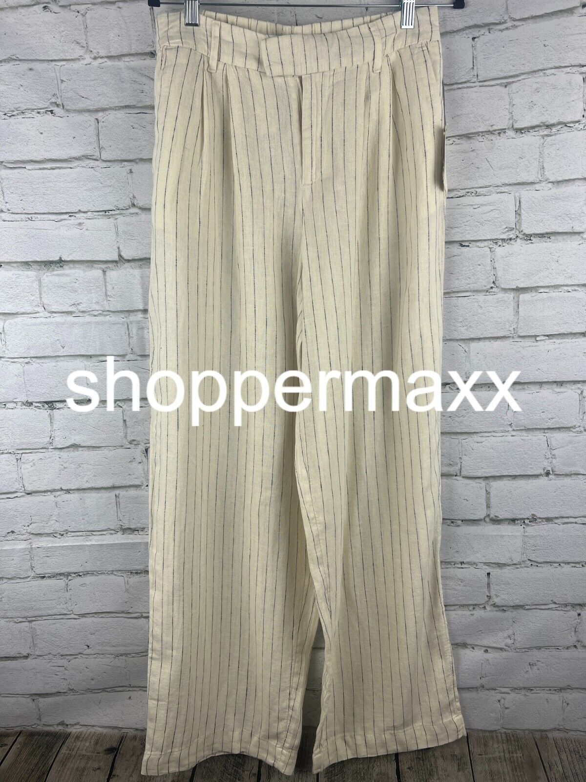 Women's High-Rise Linen Wide Leg Pants - A New Day, Cream/Black, Pin Striped, 8