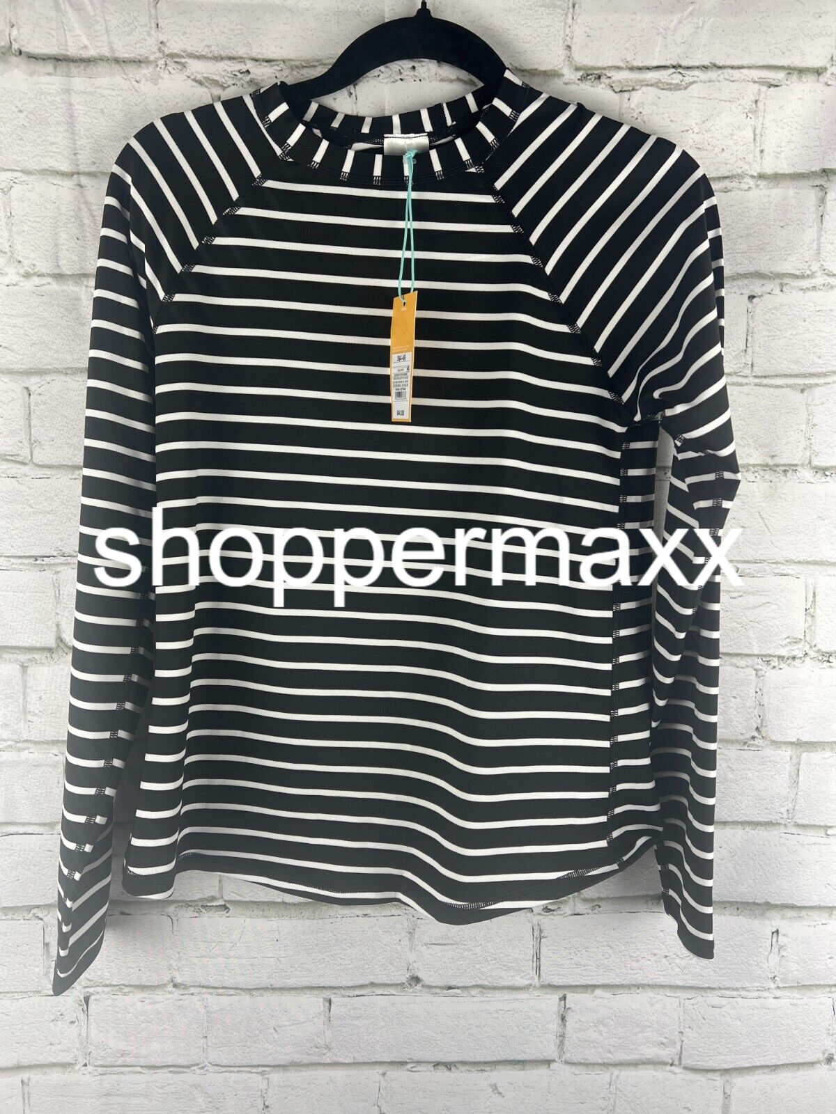 Women's Crewneck Swim Shirt Rash Guard Striped long sleeve - Kona Sol, Black, S