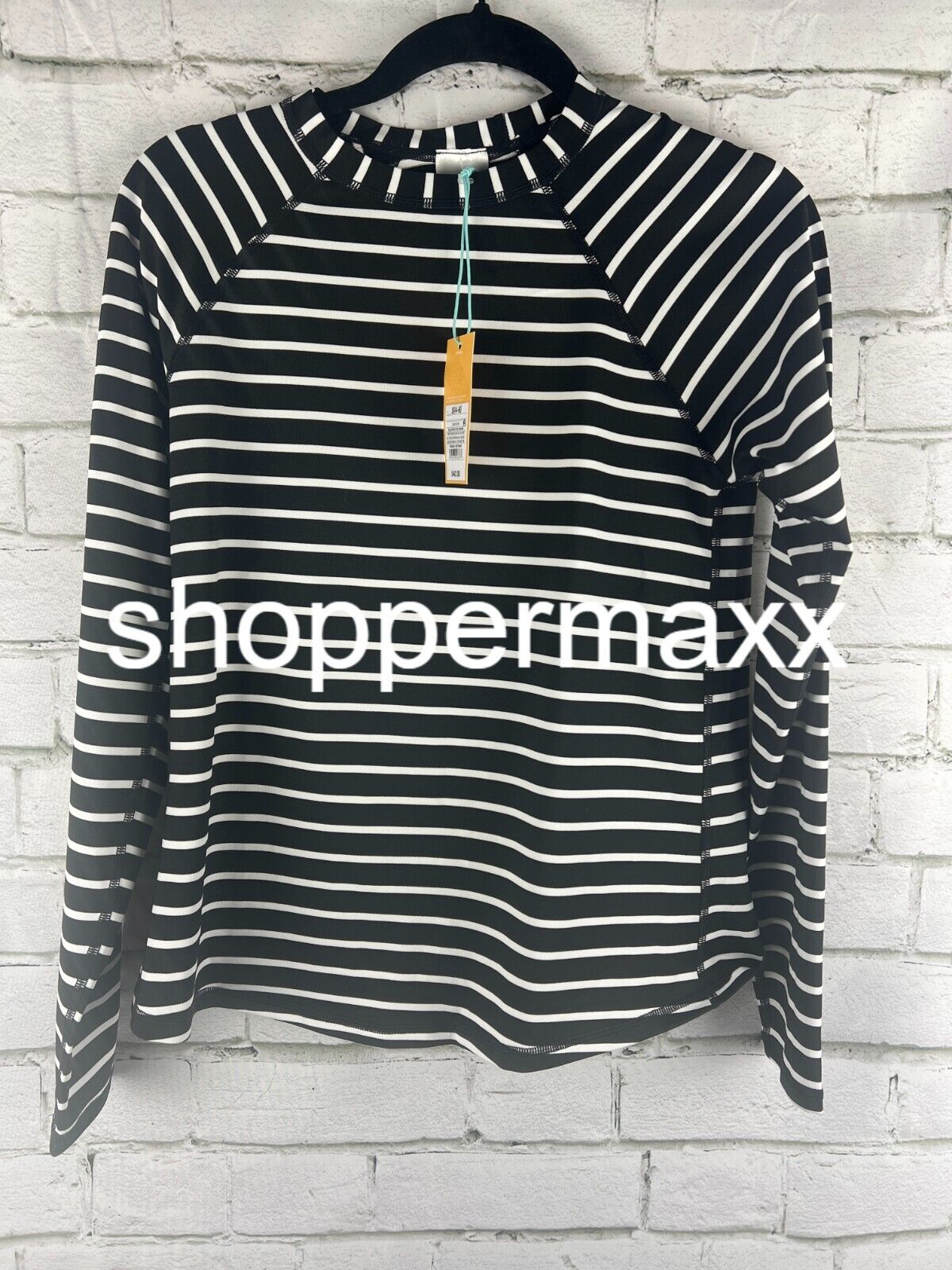 Women's Crewneck Swim Shirt Rash Guard Striped long sleeve - Kona Sol, Black, M