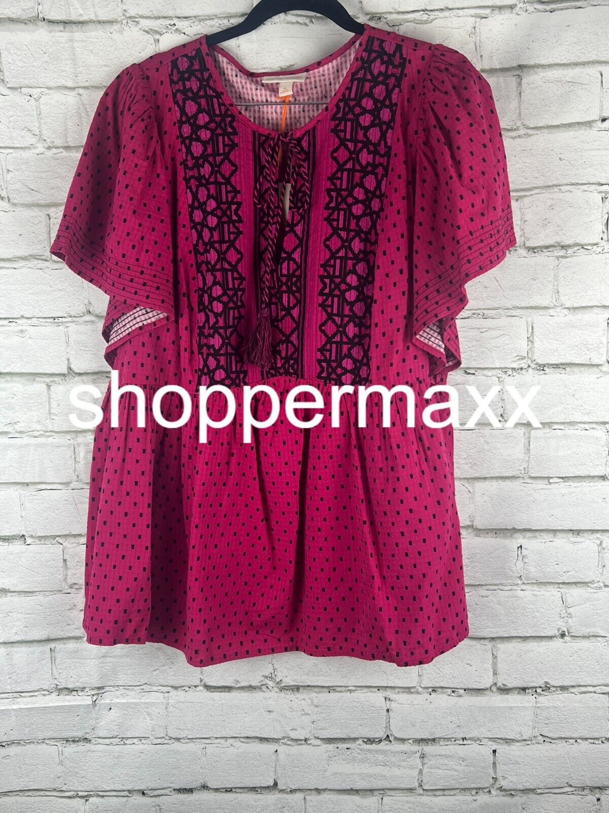 Women's Flutter Short Sleeve Top - Knox Rose, Magenta Polka Dots, XXL