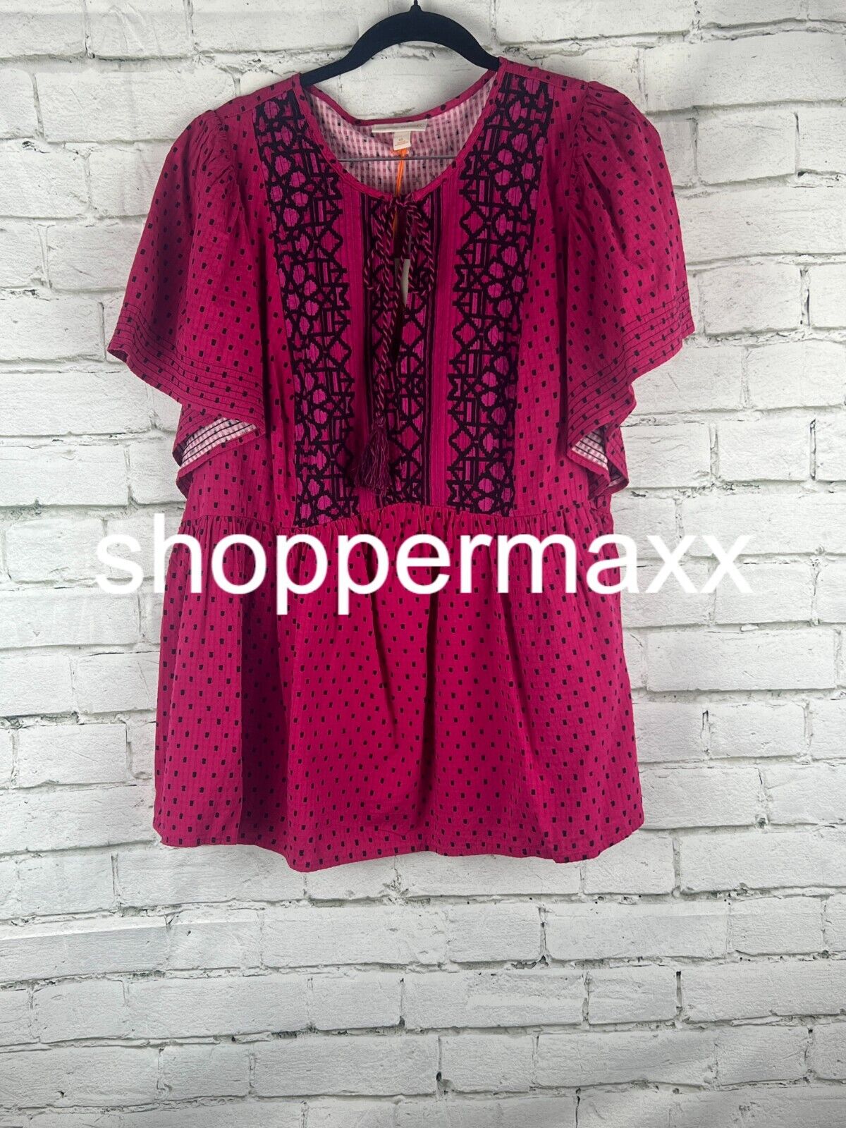 Women's Flutter Short Sleeve Top - Knox Rose, Magenta Polka Dots, XXL