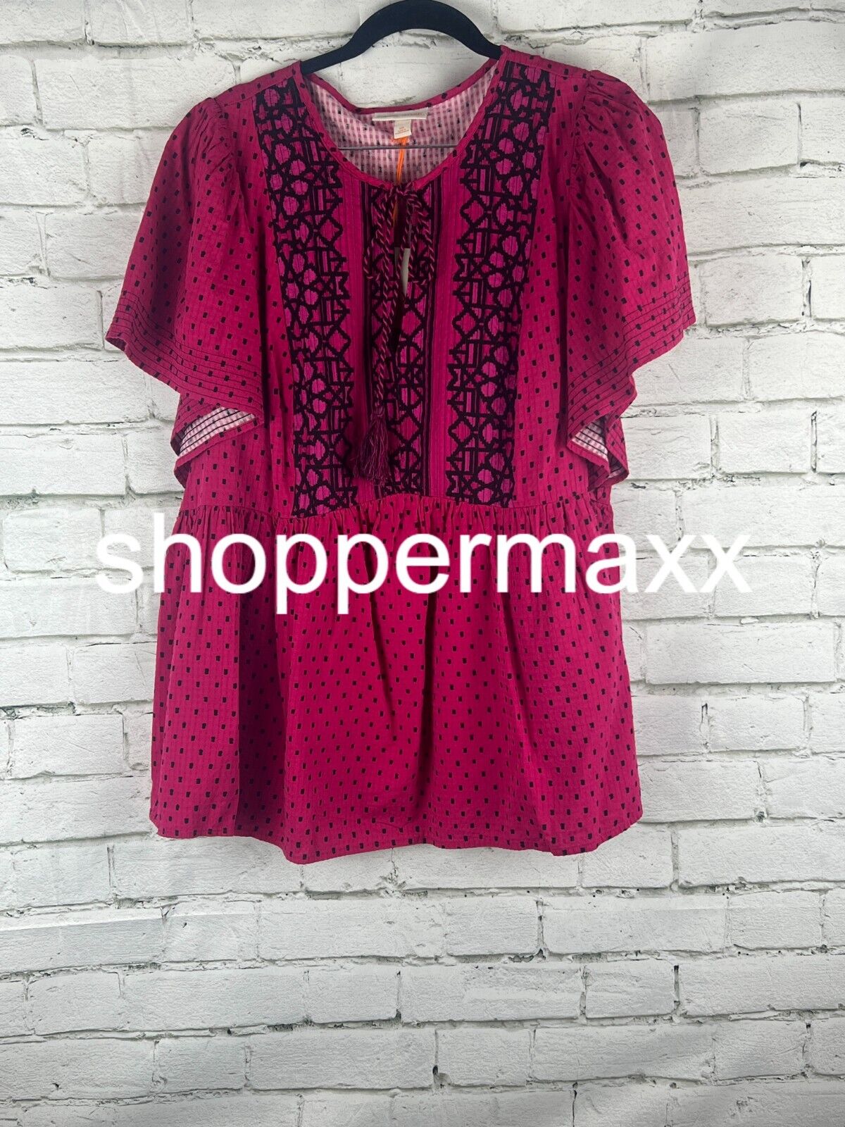 Women's Flutter Short Sleeve Top - Knox Rose, Magenta Polka Dots, XXL