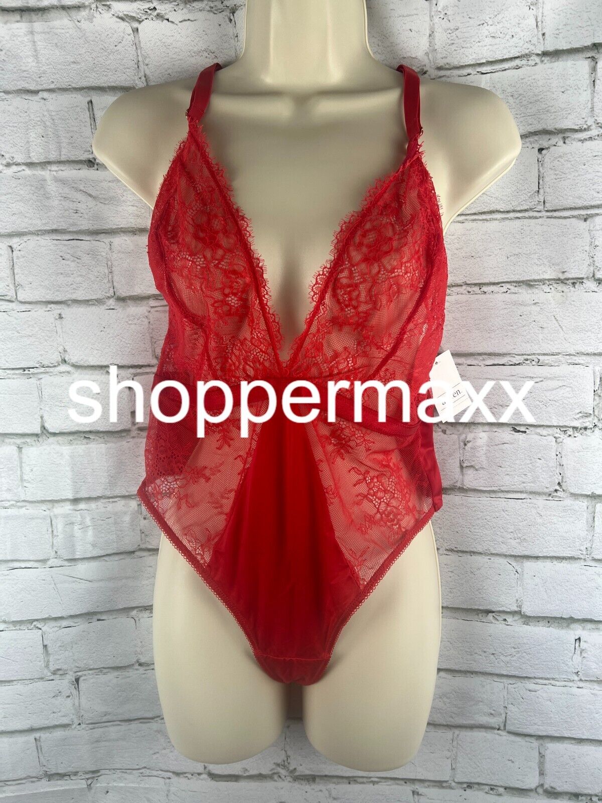 Women's Deep-V Unlined Lace Lingerie Bodysuit - Auden, Red, L