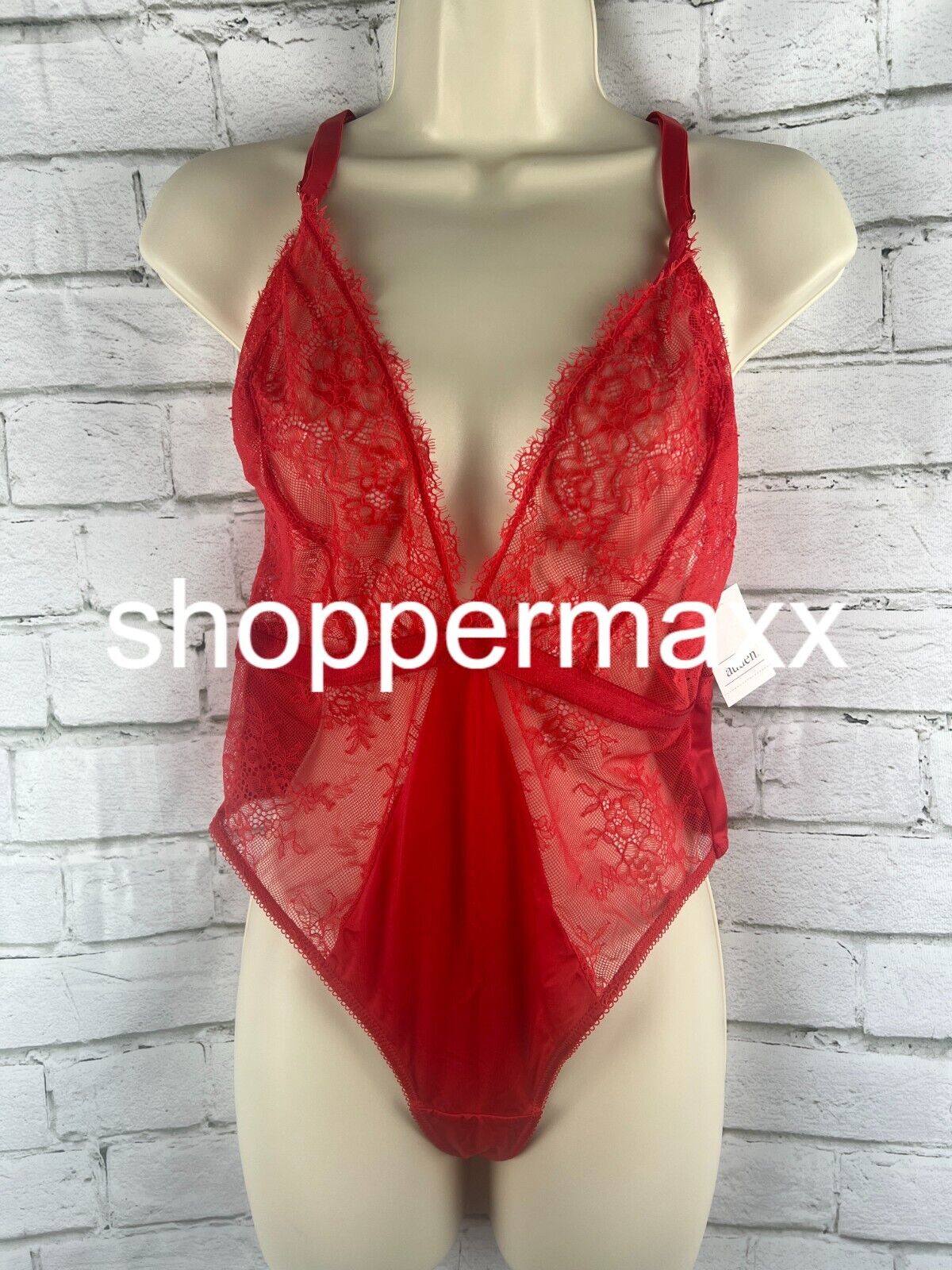 Women's Deep-V Unlined Lace Lingerie Bodysuit - Auden, Red, L
