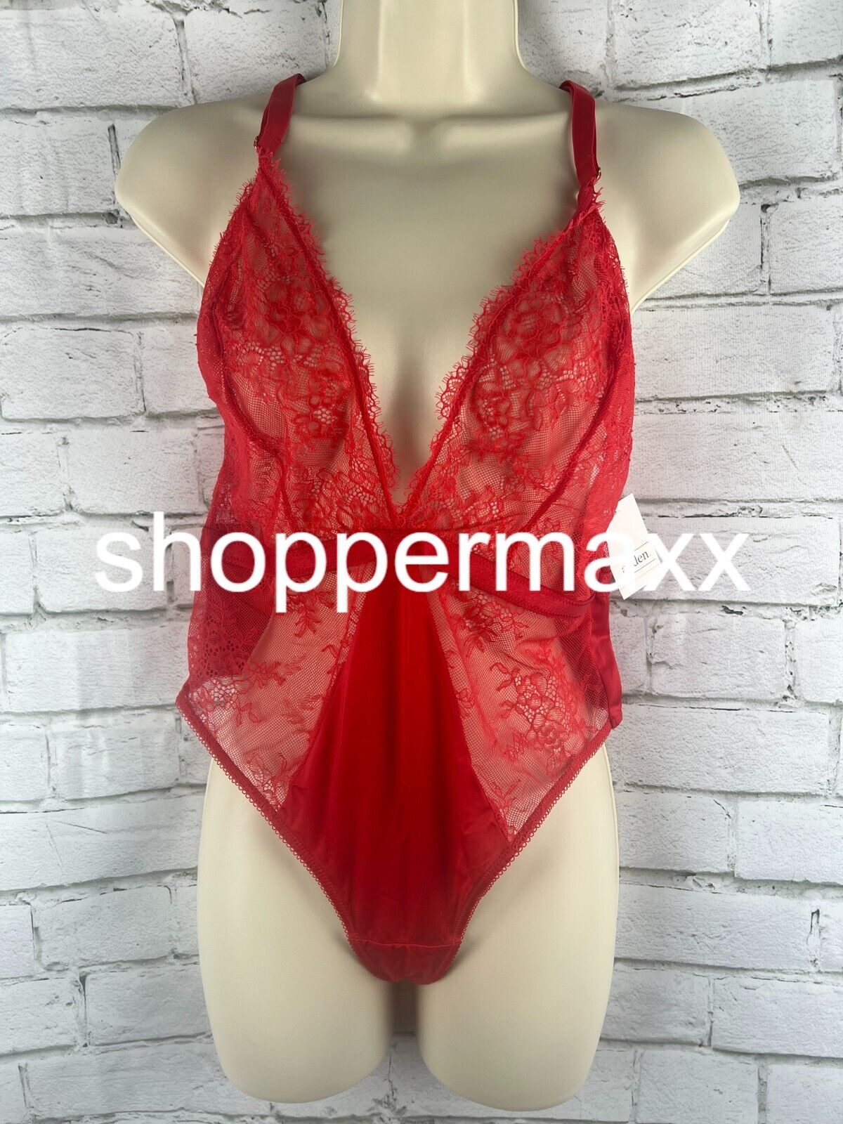 Women's Deep-V Unlined Lace Lingerie Bodysuit - Auden, Red, L