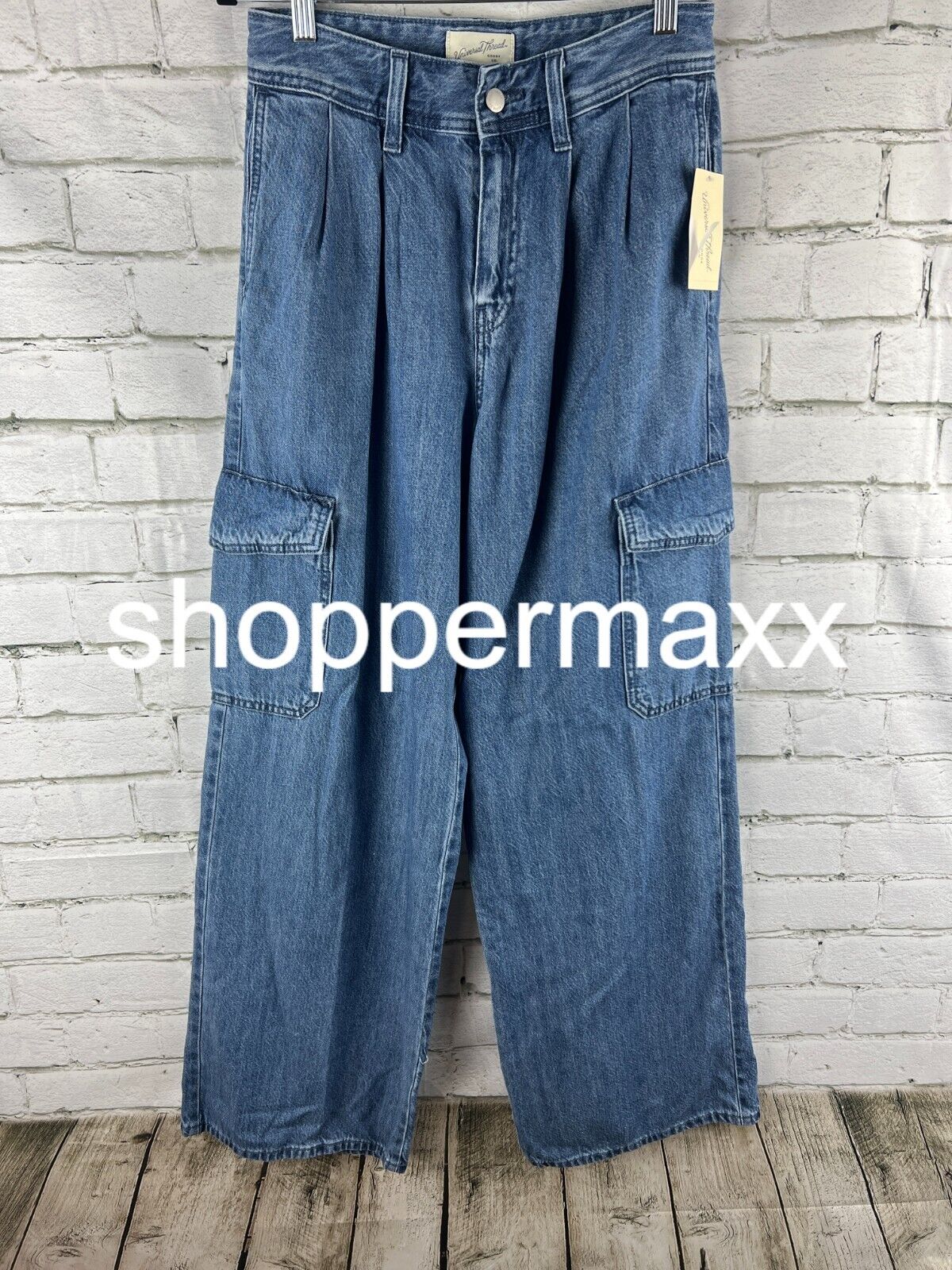 Women's Wide Leg Denim Cargo Trousers - Universal Thread, Medium Wash, 6